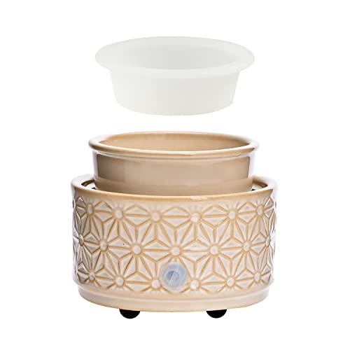 ASAWASA Candle Wax Melt Warmer with 1 pc Silicone Liner,Ceramic Wax Warmer,3-in-1 Candle Wax Melter and Fragrance Warmer for Warming(White Hexagon Pattern)