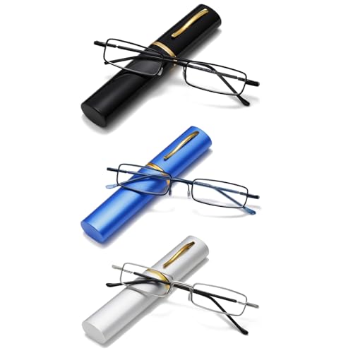 Viseng 3 pairs Slim Mini Metal Reading Glasses Compact Lightweight Portable Readers with Glasses Case for Reading Case +1.5 (Black/Blue/silvery)