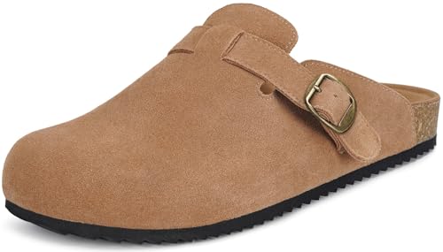 Image of Genuine Suede Clogs Womens Mens Cork Footbed Sandals Potato Shoes | Unisex Suede Leather Mules ,Arch Support,Adjustable Metal Buckle,Cork and Rubber,Wonderful Quality