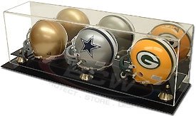 Triple Mini Helmet Display Case With Mirrored Back and Gold Risers