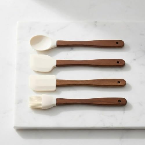 AmberHaus 4'lü Mini Akasya Ahşap Saplı Silikon Spatula Seti - 21 cm Kavanoz Sıyırma, Pasta Süsleme ve Yumurta Fırçası - Yanmaz Yapışmaz Krem Mutfak Seti
