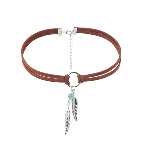 Boho Feather Turquoise Leather Choker Necklace for Women Bohemian Handmade Leaf Layered Black Brown Suede Cowgirl Cowboy Necklace for Western Style Country Party Trendy Jewelry Gifts (Brown)