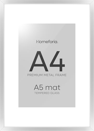 Image of Homeforia A4 Silver Picture Frame, High-End Metal, A5 Mat, Glass | High End Aluminum, Tempered Glass, Acid-Free A5 Removable Mat, A4 Edge-to-Edge Display, Wall Kit, Set Of 2
