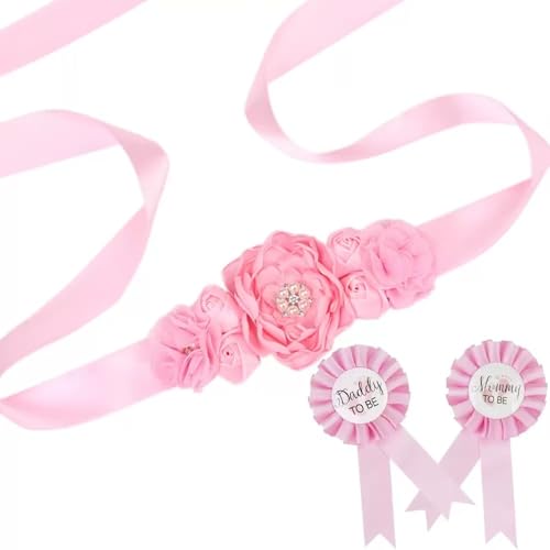 Maternity Sash Set Mom Daddy to Be Baby Shower Belly Band Gender Reveal Party Gift Keepsake Pregnancy Photo Props (Pink)2