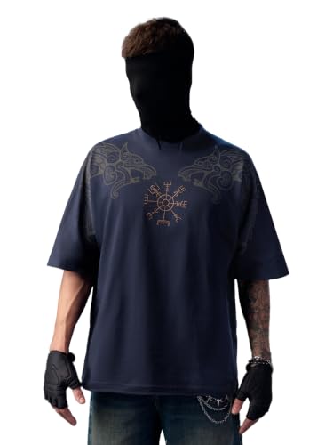 Image of The Souled Store Vikings: Longship Men and Boys Short Sleeve Rpund Neck Brown Embroidered Cotton Oversized Lightweight Breathable Drop Shoulder Streetwear T-Shirts