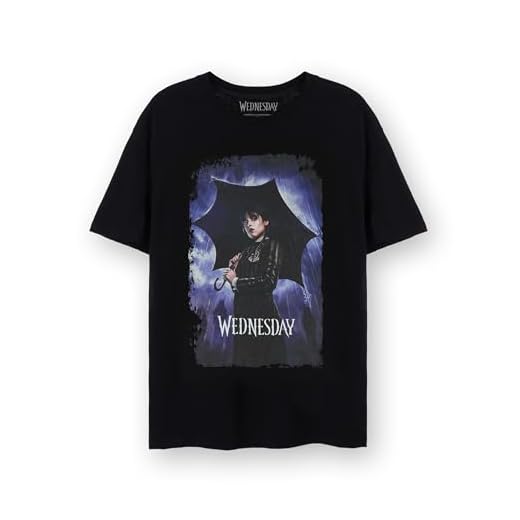 Wednesday Camiseta de Mujer Camiseta Ladies Addams Umbrella Distressed Graphic en Negro | Camiseta de Manga Corta para Adultos de Netflix Series Merchandise | la Familia Addams