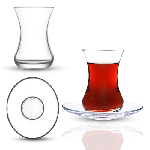 yersiz Turkish Tea Glass Set, Big Size, Slim Waist Design with Thick Base Prevent Tea From Getting Cold, Easy to Keep for 6 People, 6 Elliptical Saucers, 6 Glasses, Useful Set (12 Pieces)