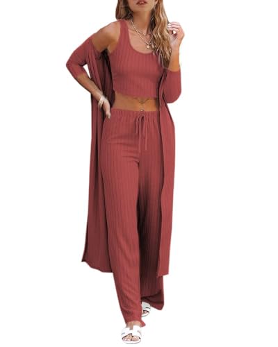 Image of Fessceruna Womens 3 Piece Lounge Pajamas Sets Cute Vacation Matching Set | Pj Sets, Airport Travel Outfits, Bedroom, Winter Fall Loungewear , Cotton, Christmas