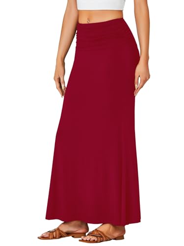 Women's Fold Over Waist Maxi Skirt Lightweight Floor Length Flared Long Skirts3