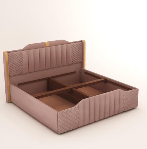 Image of Modern Upholstered Queen Size Bed with Storage | Double Bed with Box Storage & Upholstery Premium Fabric Headboard | Platform Bed for Bedroom & Hotel | Sheesham Wood, Onion Pink, 6.5 x 5 Ft