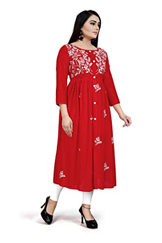 Image of Women's Rayon Flared Embroidery Kurti Under 599 Designer Attractive Look Women's Kurta