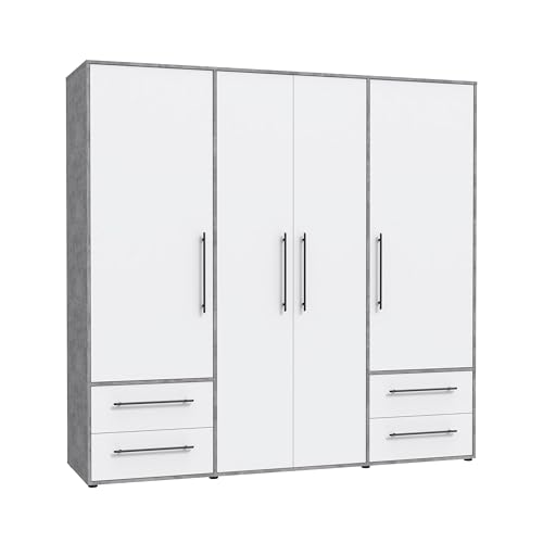 FORTE Jupiter Schrank 200 210, Kleiderschrank, Drehtürenschrank, 4-türig, mit 4 Schubladen und Einlegeböden, Betonoptik Grau und Weiß, 206 cm...