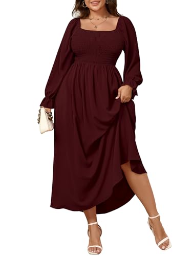 Women's Plus Size Maxi Dress Long Sleeve Square Neck Smocked Flowy A-Line Boho Wedding Party Maxi Dress