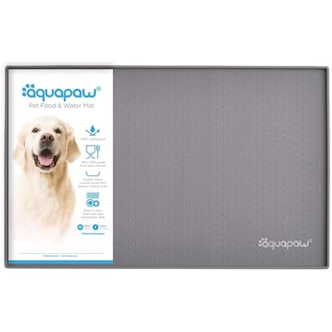 Aquapaw 1-Pack Non-Slip Pet Feeding Mat | Medium - 19" x 12" | Waterproof Eating Surface, Dishwasher Safe & Easy to Clean | Raised Edges to Contain Spills | Pet Food & Water Mat | Grey Cover