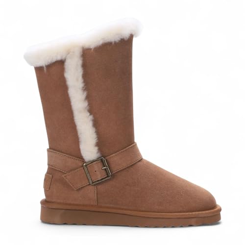 TruClothing Women's Brown Genuine Sheepskin Suede Plush Lined Calf Winter Warm Boots - Chestnut 5