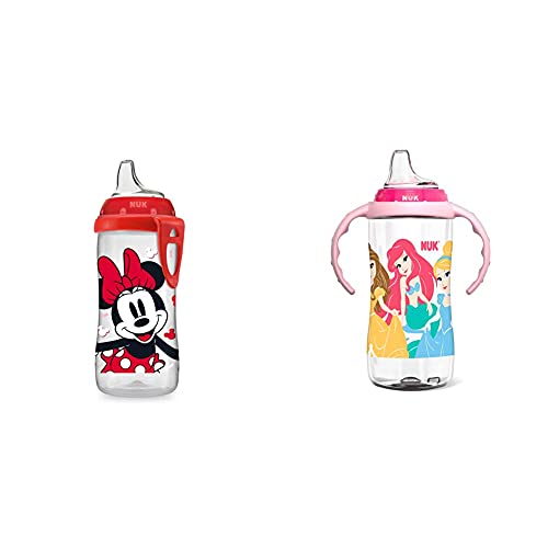 NUK Disney Active Sippy Cup, Minnie Mouse, 10oz 1pk with NUK Disney Learner Cup, 10 Oz, Princess, 8+ Months
