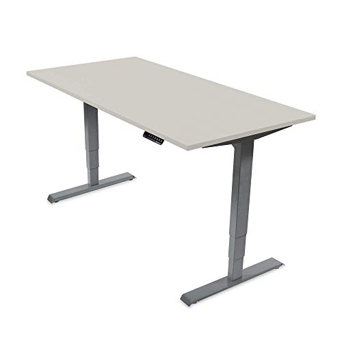Ergotopia Elektrisch höhenverstellbarer Schreibtisch 5 Jahre Garantie | Ergonomischer Steh-Sitz Tisch mit Memory Funktion | Beugt Rückenschmerzen vor & Macht produktiver (160x80, Grau, G)