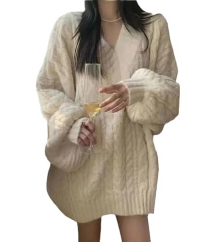 Image of Women's Y2K Oversized Chunky Cable Knit Sweater Casual Long Sleeves V Neck Pullover Tops