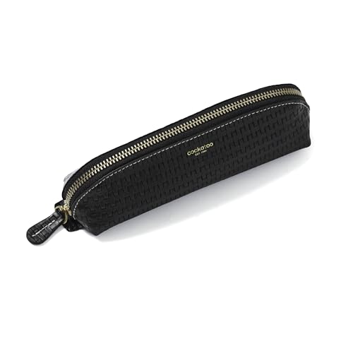 Image of Cockatoo Genuine Leather Pencil Pouch, Accessories holder, Stationery Bag, Zippered Pen Case for Work & Office (Braided Black)