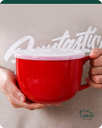 Lareina Large Soup Mugs 28 Oz - Ceramic Cups With Anti-Heat Handle - Coffee Mugs Set With Vented Plastic Highly Sealed Lid Jumbo Soup Bowl Microwave & Oven Safety - Set Of 2 - Red #TOP4