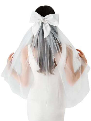 AROCOOY Veils for Women Wedding White Tulle Bride Bow Veil Clip Elegant Bride Accessories for Bachelorette Party
