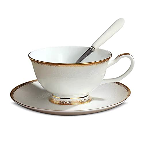 YBK Tech Tasse et soucoupe en porcelaine anglaise avec bords dorés pour le matin, le café, le thé de l'après-midi - Motifs floraux en relief