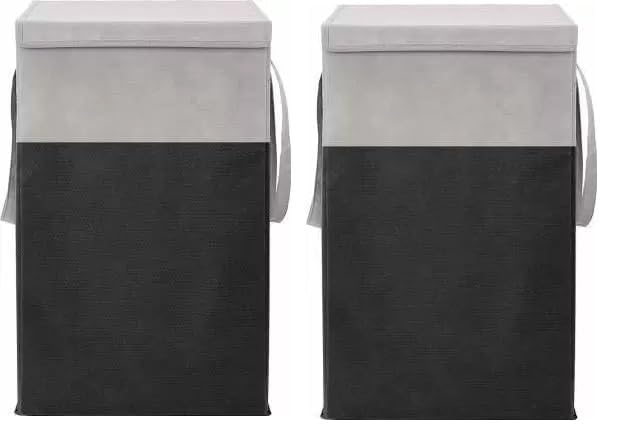 Image of Non Woven Printed Rectangular Foldable Laundry Bag | Lid And Handle Clothes Storage Organiser For Bedroom Dorm Closet Utility Container | 75L Laundry Basket | Black Grey