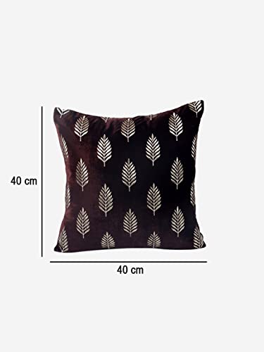 Image of Decoghar Brown Handmade Sofa Cushion Covers | Golden Zari Leaf Embroidered Square Throw Pillow Cushion Cover | | 16 X 16 Inch | Pack of 3