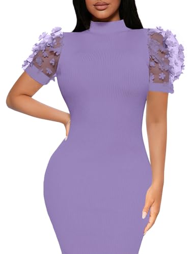 Image of Annystore Women's Mesh See Through Sheer Dress Short Puff Sleeve Bodycon Dress Mock Neck Sexy Club Party Midi Dress Clubwear