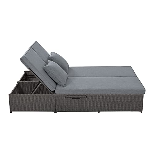 Outdoor Rattan Sunbed,All Weather Patio Wicker Double Daybed With Adjustable Backrest And Cup Tray,Reclining Chairs Conversations Set For 2 Person (Gray#Sunbed*D) #TOP6