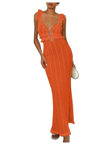 Image of SOLY HUX Women's Maxi Dress Crochet Ruffle Sleeveless Backless Bodycon Long Dresses