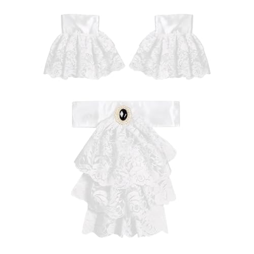 YLZFEQFN Jabot Lace with 2 Ruffle Cuffs Victorian Ruffle Collar Colonial Costume Accessory Set Lace Cuffs for Wrists(White)