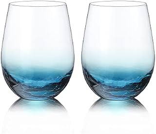 Joeyan Hand Blown Crackle Stemless Wine Glasses Set of 2-560ml Crystal Red/White Wine Glasses - Coloured Large Wine Cups Glass Tumblers for Party, Birthday, Anniversary