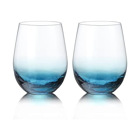 Joeyan Copa de Vino sin Tallo Grieta 560ml - Juego de 2 Azul Vasos de Vino de Cristal Cover