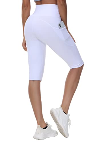 Women's Knee Length Workout Capris Leggings Cross Waisted Lounge Yoga Pants With Pockets White #TOP1