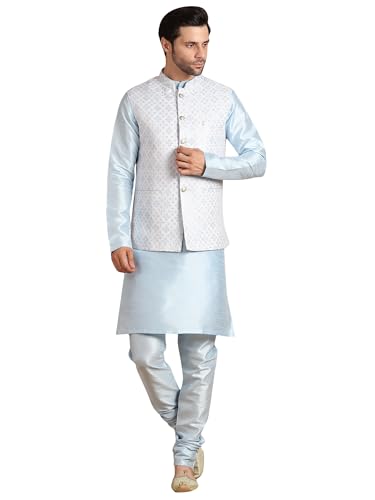 Image of men's Silk Blend Kurta Pejama & Waistcot Set