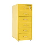 FURNITLEG 6 Drawer Vertical File Cabinet, Steel Filing Storage Cabinet with Lock, 4 Wheels, 22lbs Per Tier, Metal Rolling Storage Drawers for Home Office (Yellow)