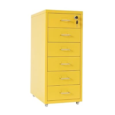 FURNITLEG 6 Drawer Vertical File Cabinet, Steel Filing Storage Cabinet with Lock, 4 Wheels, 22lbs Per Tier, Metal Rolling Storage Drawers for Home Office (Yellow)
