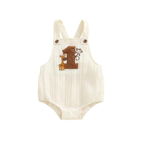 Thorn Tree Baby Girl Boy 1st Birthday Clothes One Year Old Bubble Bodysuit Backless Rib Romper Cake Smash Outfits (Monkey Khaki 12-18 Months)