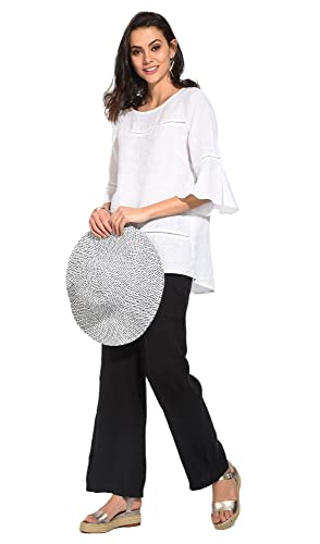Bonateks Tunique Haut Femme 100% Lin Fabriquée en Italie, Tunique à col Rond et empiècement en Dentelle avec Manches volantés, Blanc, Taille: S