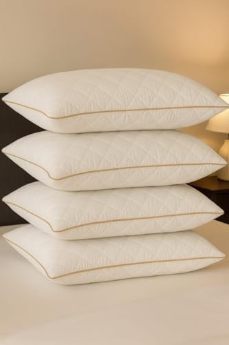 Image of Homerz Premium Set of 4 Quilted Pillow, Virgin Fiber Filled (17 x 27 inch / 43 x 69 cm) | Luxury Queen Size Bed White Microfiber Pillows |Neck Support, Machine Washable (Quilted, Set of 4)