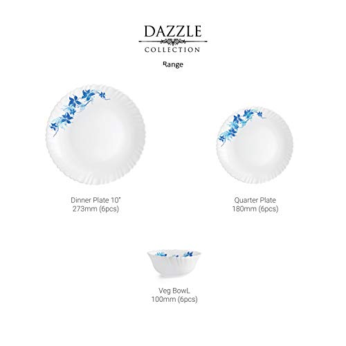 Cello Opalware Dazzle Series Blue Swirl Dinner Set, 18 Units | Opal Glass Dinner Set for 6 | Light-Weight, Daily Use Crockery Set for Dining | White Plate and Bowl Set - Image 4