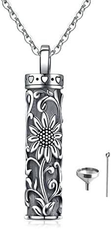 Fryneauy Sunflower Urn Necklace Cylinder Bar Urn Necklace for Ashes 925 Sterling Silver Pendant Necklace Keepsake for Ashes Memory Keepsake Cremation Jewelry for Women (Cylinder Sunflower)