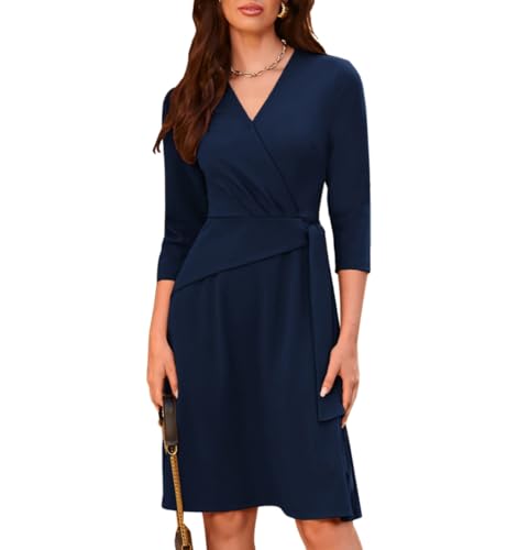GRACE KARIN Autumn Office Dress Knee Length Casual Dress for Women with Long Sleeves Dark Blue XL