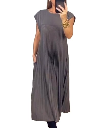 Image of SEMATOMALA Women's Pleated Short Sleeve Maxi Dress Crewneck Loose Fit Flowy Swing Long Dress with Pockets
