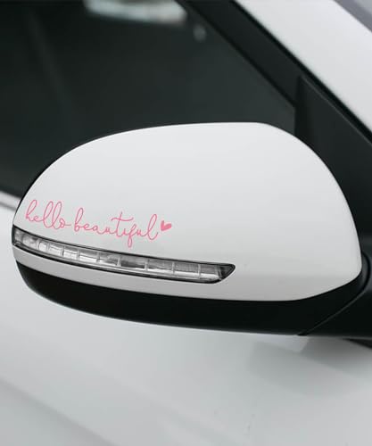 Image of RACOONA Mirror Decal - Hello Beautiful Rearview Sticker, Car Accessories Window Decal, Self Affirmations Decoration (Pink)