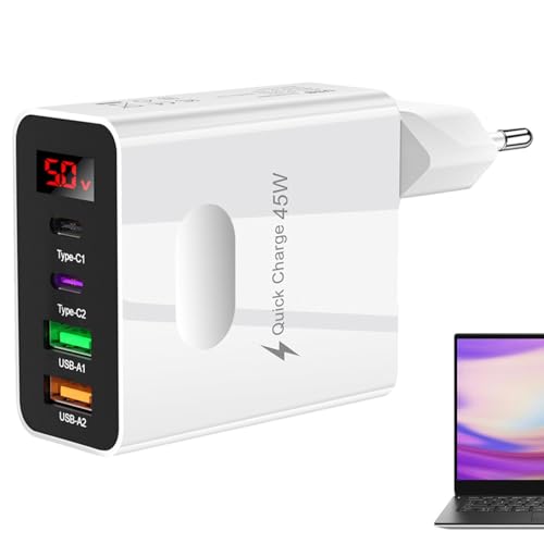 Cargador De Pared USB, Bloque Cargador Multipuerto 45W con Display Digital, Carga Rápida con 2 USB Y 2 Tipo C, Accesorio Viaje Portátil para Dispositivos Móviles, Teléfonos Móviles, Portátiles, Tab