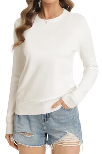 Image of QUALFORT Women's White Sweater Crewneck Soft Knitted Pullovers White XX-Large