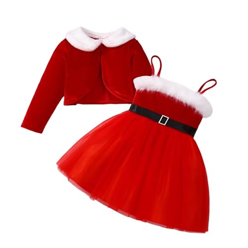 Little Girl Christmas Dress Velvet Cardigan+Santa Claus Strap Dress 2 Piece Cardigan Set 3-8T