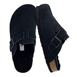 CUSHIONAIRE Hana Womens Clogs | Comfortable Vegan Suede Clogs for Women | Slip On Potato Shoes with Cork Footbed & Arch Support| Black 8